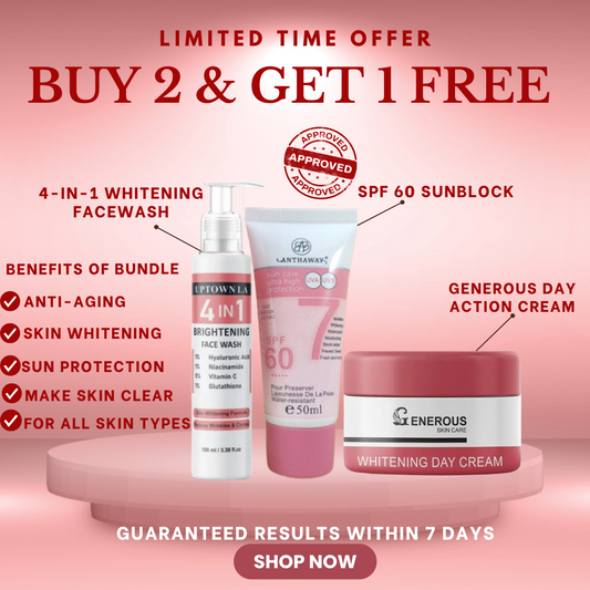 Limited time offer buy 2 & Get 1 Free  4 in 1 whitening face wash,  SPF 60 Sunblock , Generous day action cream🌟